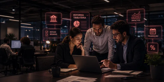 Equipe analisando dados sobre reforma tributária