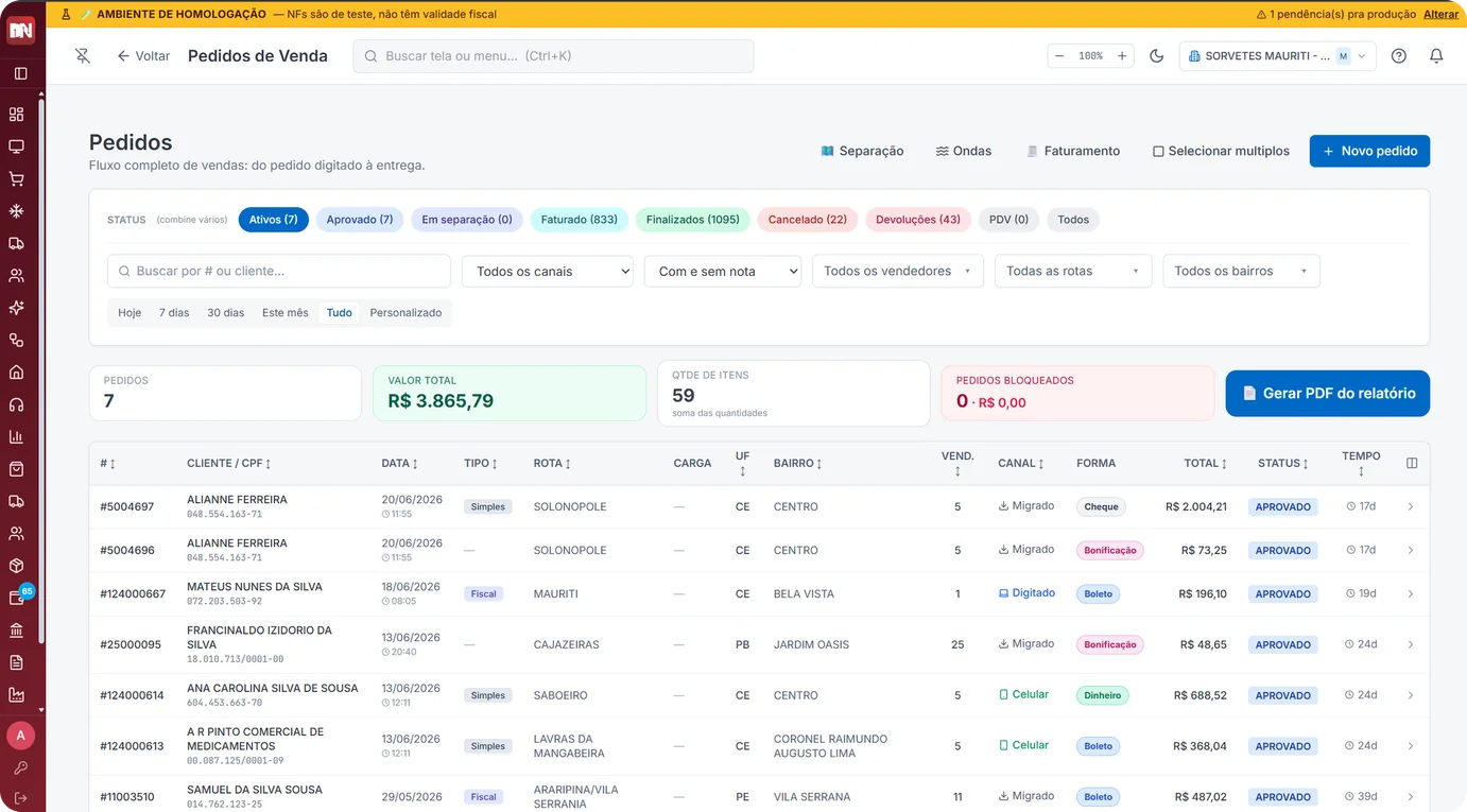 Tela de Pedidos de Venda do erp., com filtros por status, totais do período e a lista de pedidos