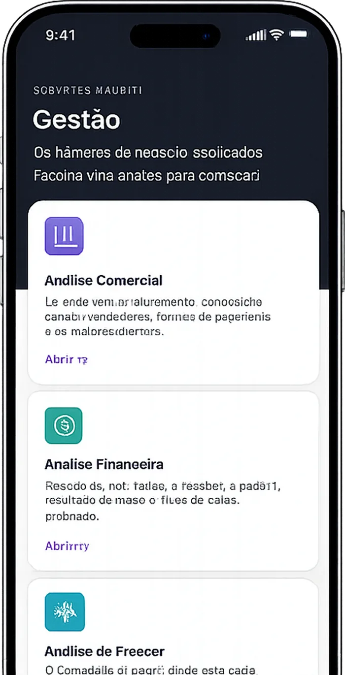 App go. na tela de gestão, com os painéis de análise comercial e financeira