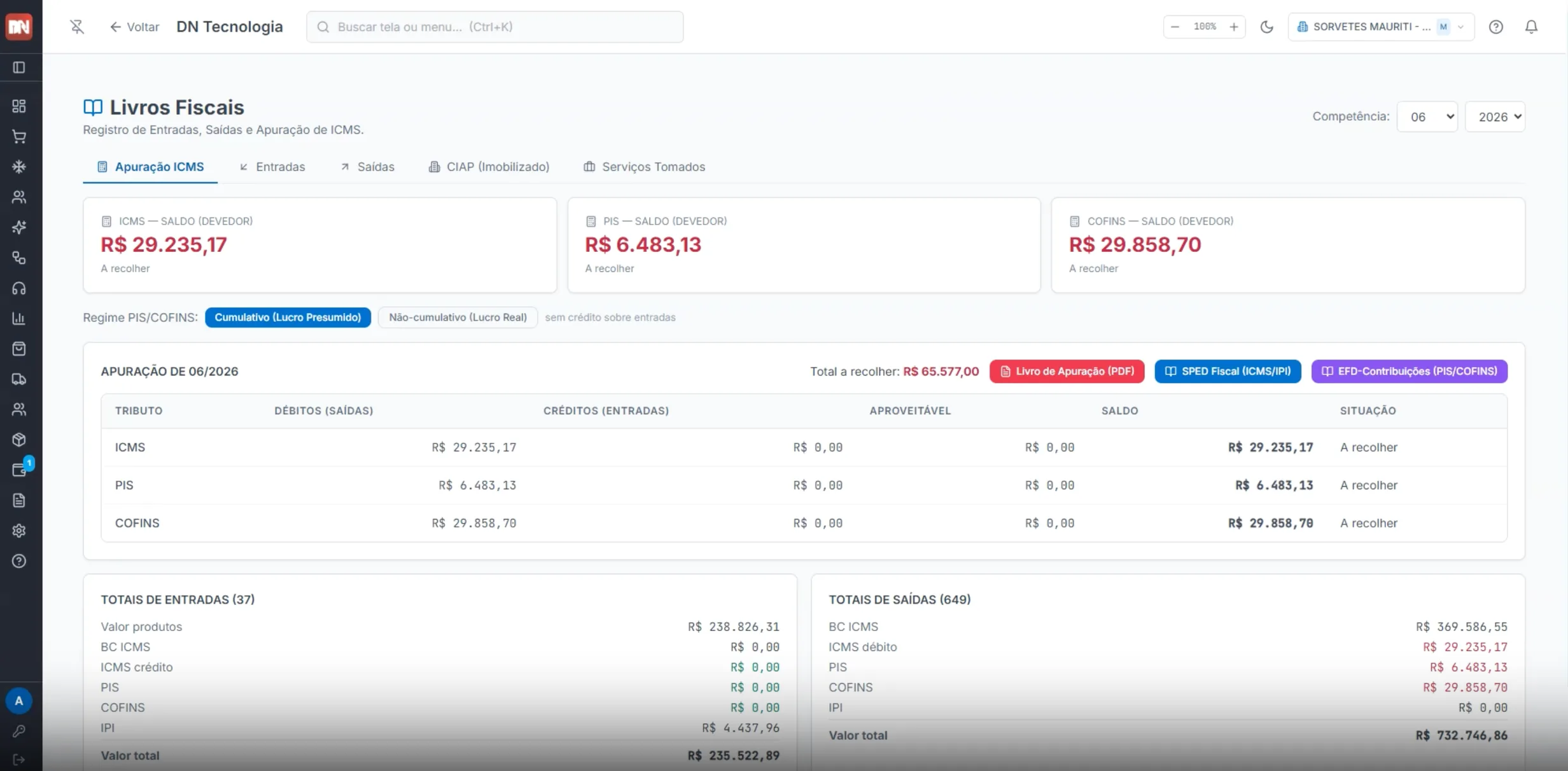 Tela de Livros Fiscais do sistema DN